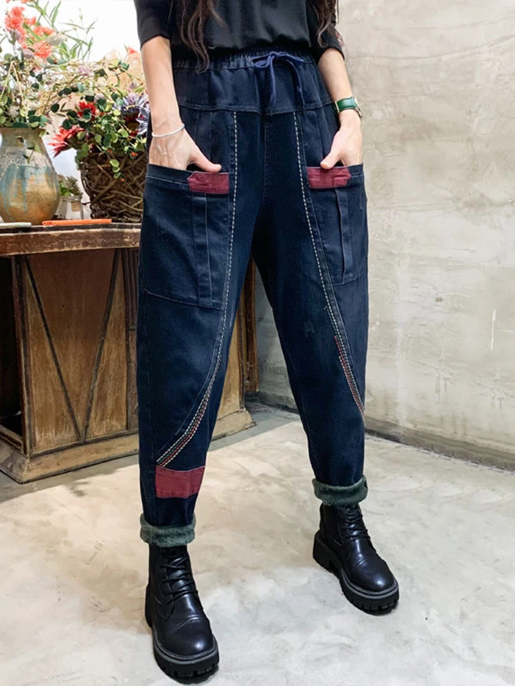 Amax luluE 2024 Fashion Winter Fur Jeans Womens Loose Warm Vintage Denim Pants 2024 Ladies Casual Classic Thicken Harem Trousers