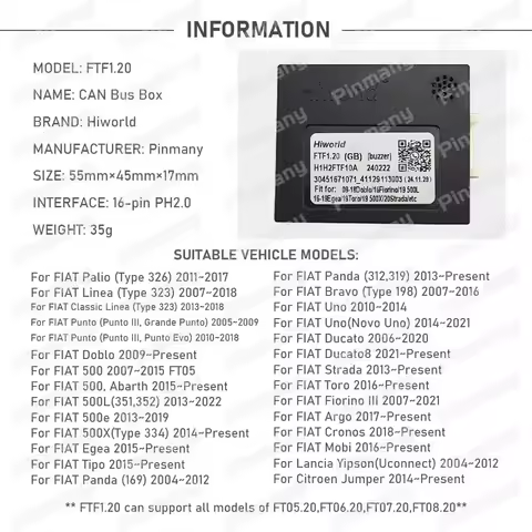 For FIAT Palio Linea Punto Doblo 500 Egea Tipo Panda Bravo Uno Ducato Strada Toro Fiorino Android Radio CANBus Adapter FTF1.20