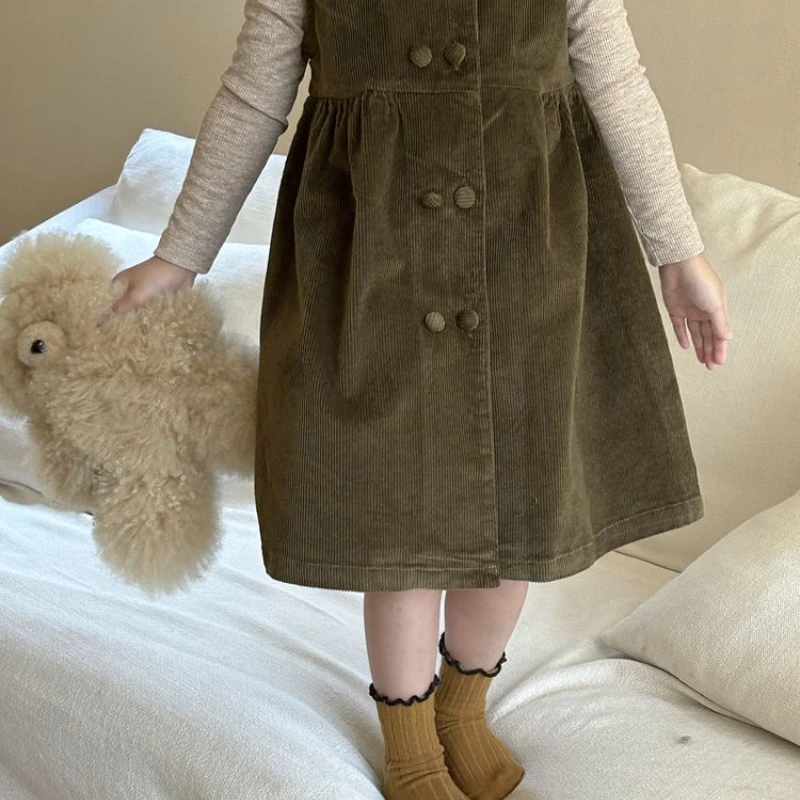 Girl Dress Autumn New Western Style Double Breasted Corduroy Sleepveless Vest Casual Comfortable