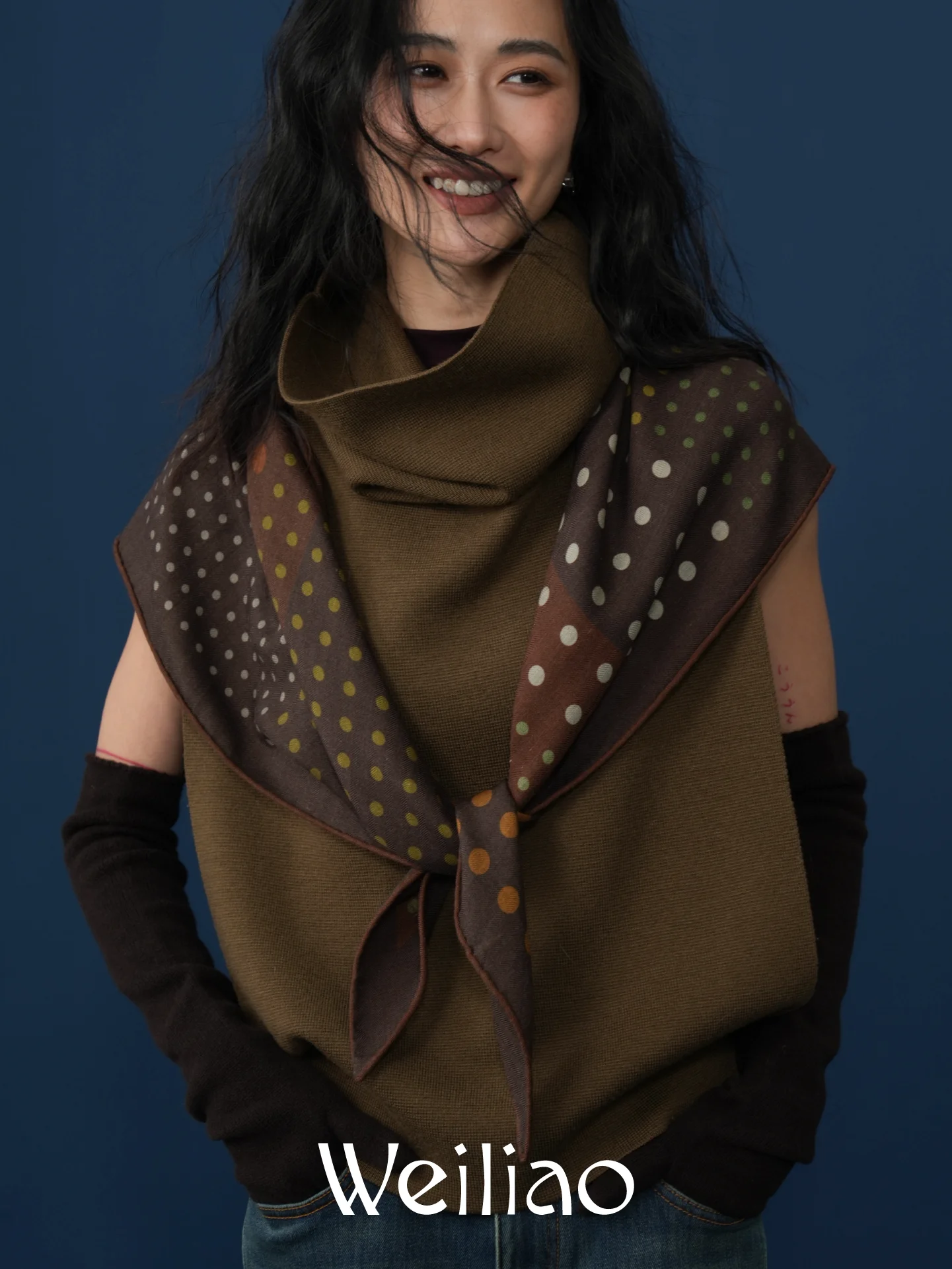 

Weiliao Polka Dot Series Silk Woolen Feel Large Scarf Olive Green Chestnut Brown Autumn Winter Fashion Accessory