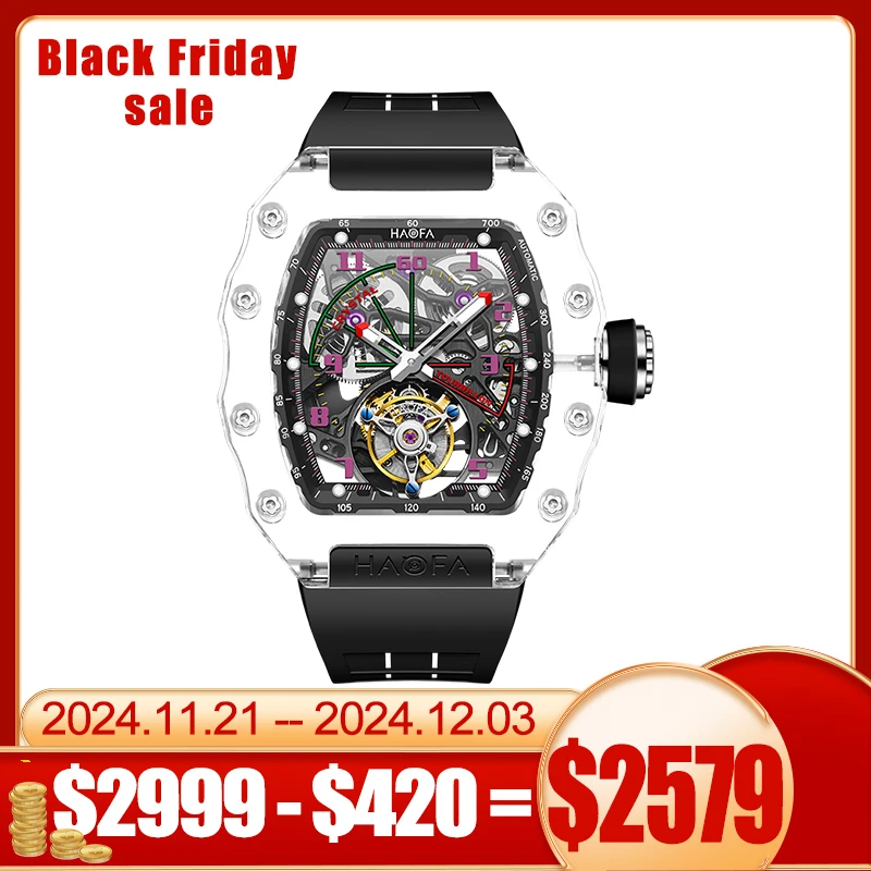 Haofa Flying Tourbillon Watch for Men Luxury Crystal Transparent Hollowing Waterproof Luminous Automatic Mechanical Watches 2210