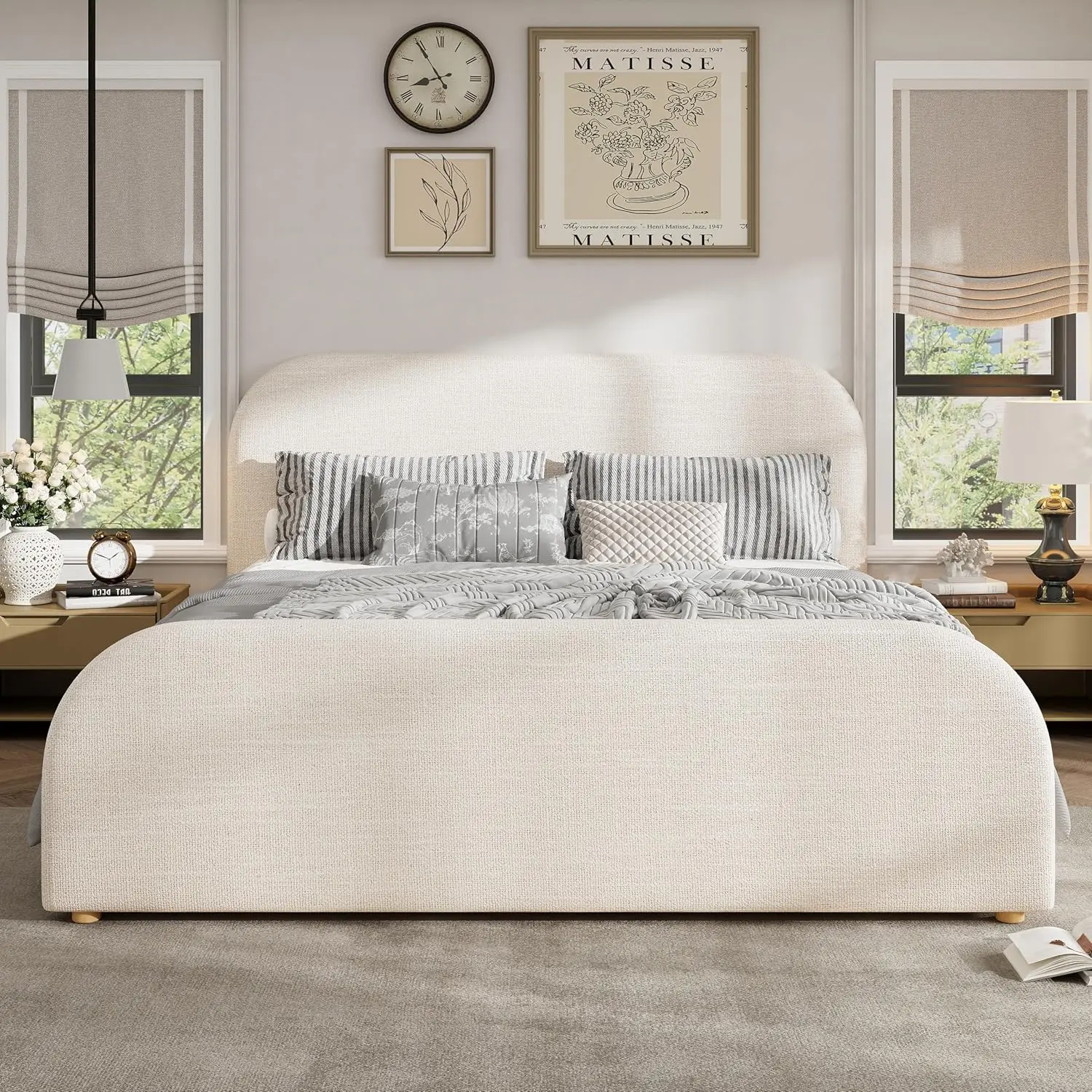 King Bed Frame Curved Headboard Linen Fabric Beige, Customized