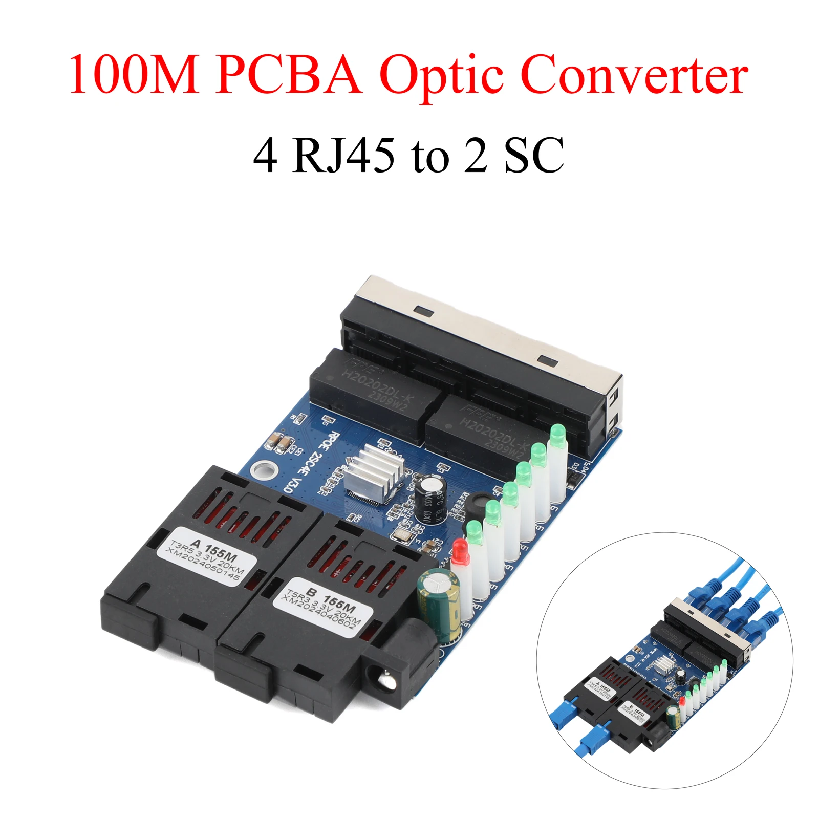 Fiber Optic Media Converter 10M/100M 4 RJ45 to 2 SC A+B Optic Connector 1310nm/1550nm Ports 20KM PCBA Board Ethernet Switch Blue