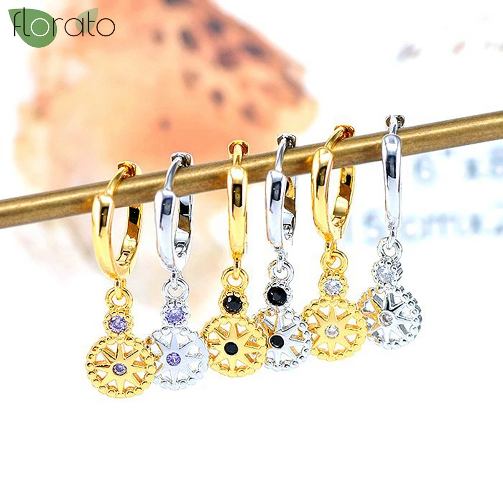 

925 Sterling Silver Needle Fashion Eight Pointed Star Pendant Earring Gold Color Small Hoop Earrings for Women Party Jewelry