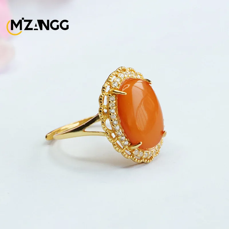 S925 Silver Set Natural Amber Egg Face Ring Old Beeswax Full of Honey Lace Ring Exquisite Luxury Women's Wedding Jewelry