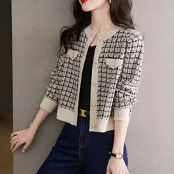 Autumn Korean Fashion Vintage Plaid Patchwork Cardigan Sweater Ladies Loose Casual All-match Knitted Coat Buttons Outwear NS5781