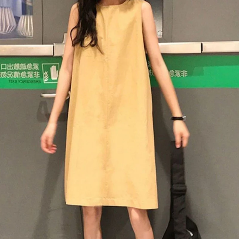 

Fashion O-Neck Pockets Solid Color Loose Korean Sleeveless Dress Female Clothing Summer New Office Lady Mini Dress