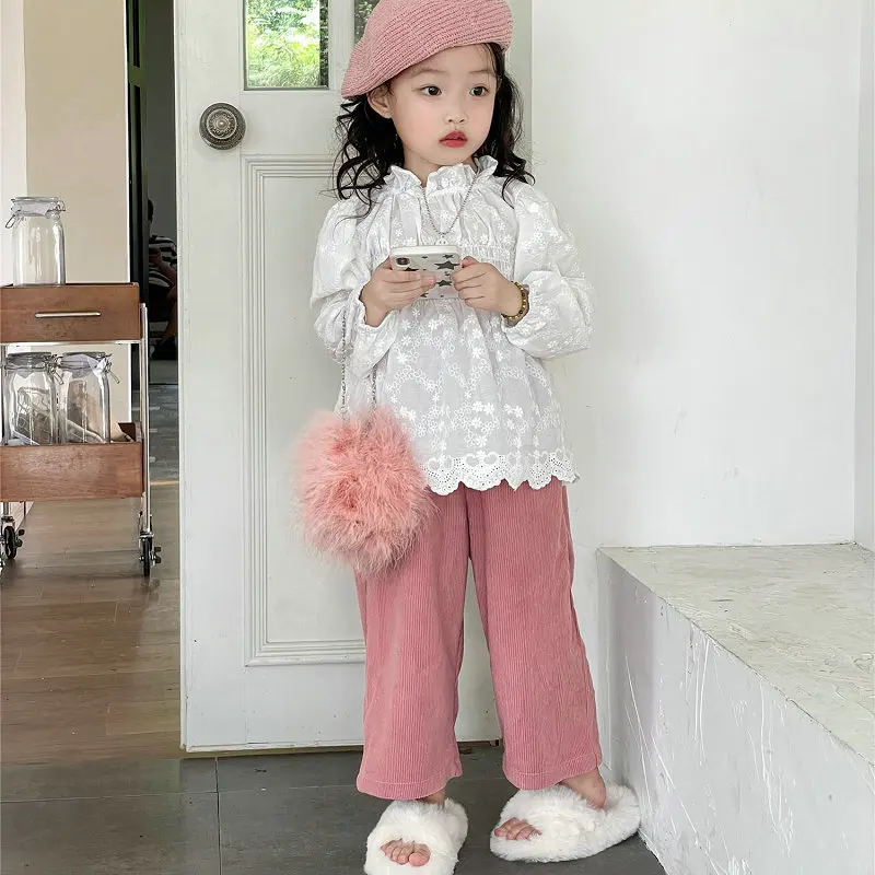 Girls Shirt Sweet Lace Up Collar Top Solid Corduroy Pants 2025 Spring and Autumn New Children Clothing