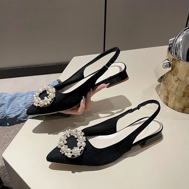 

Summer Women Sandals New Style Women's Pointed Toe Shallow Nude Pink Diamond Shoes Low Heel Back Strappy Shoes Women Dress Shoes