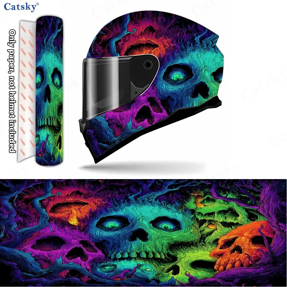 Neon Skulls and Eerie Forest Domain Helmet Vinyl Wraps, Waterproof Scratch-Resistant Full Face Helmet Decals, Durable PVC Decora