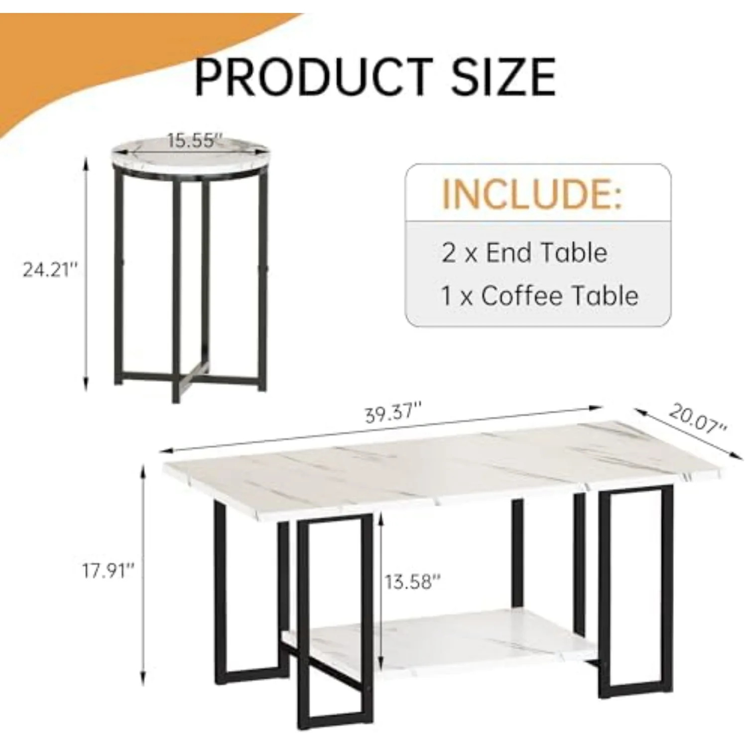 3 Pieces Living Room Table Set, Faux Marble Coffee Table with 2 Round End Side Tables, Coffee Table Set with Metal