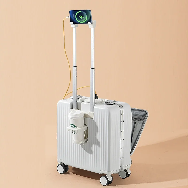Fashion Rolling Luggage Travel Suitcase Front Open Cover Suitcases Boarding Box Student Trolley Password Case Cup Holder Trunk