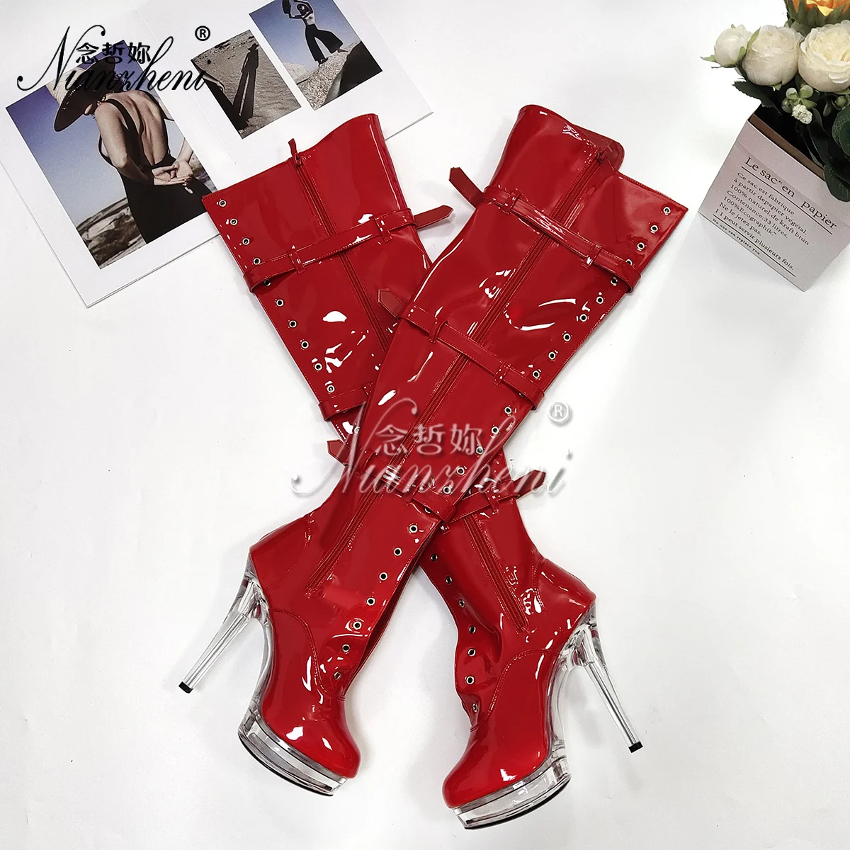 Red Exotic Belt Buckle Over The Knee Boots Women\'s 13cm Platform Sexy Fetish Shoes Nightclub 5Inch Gothic High Heels Big Size