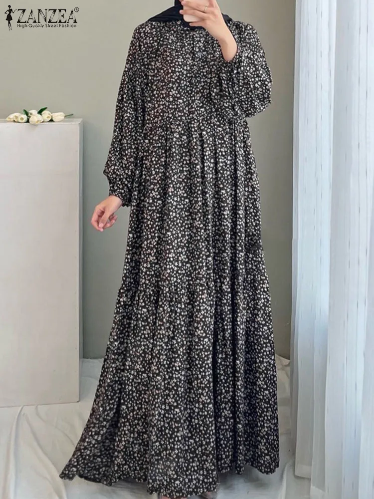 ZANZEA Spring Floral Printed Maxi Dress Bohemain Muslim Abaya Women Long Sleeve IsIamic Robe Party Work Sundress Casual Vestidos