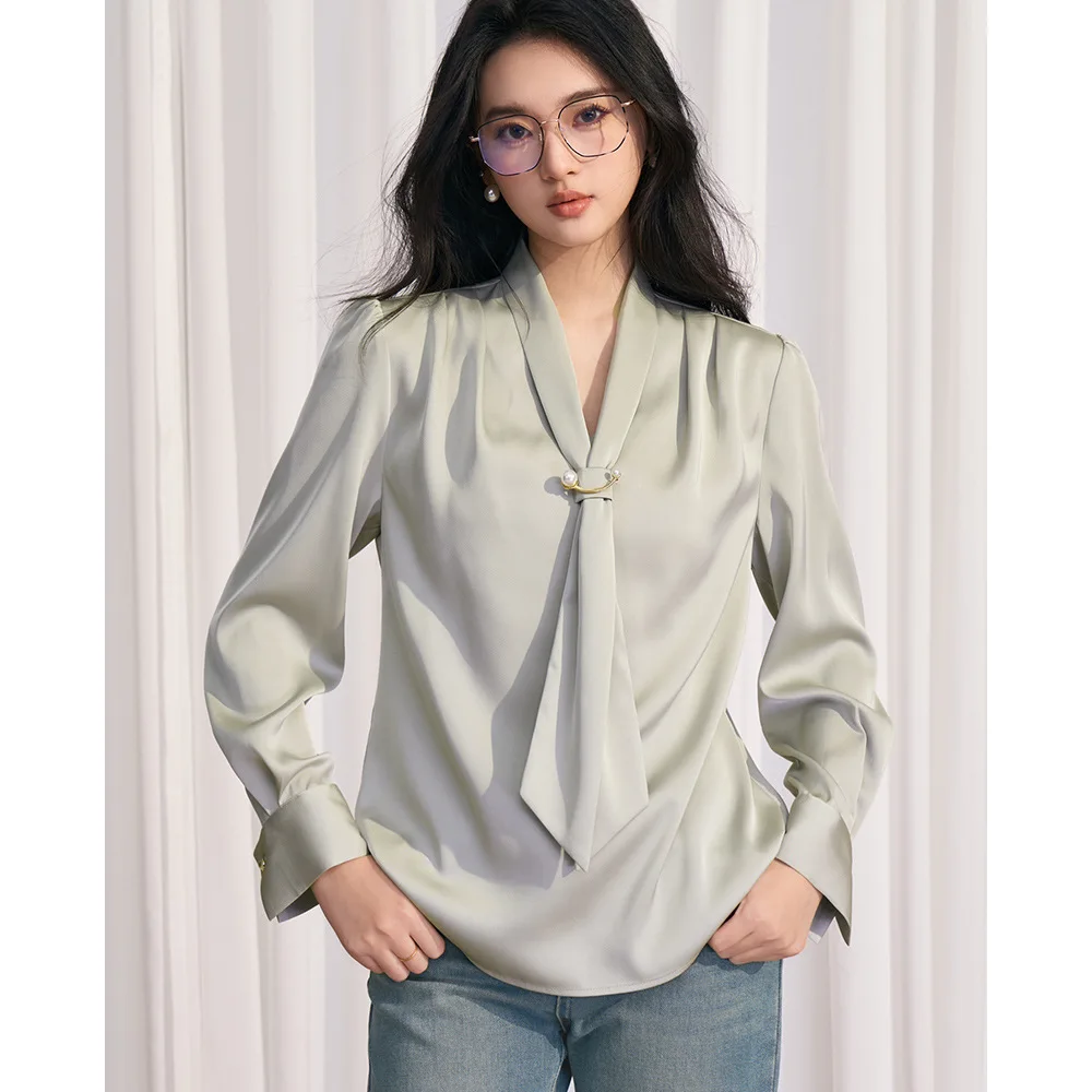 

Shengdu Autumn New Vintage 3 Color Sash V-Neck Simple Match Long Sleeve Shirt Women's Modern Loose Fit Urban Style Fashion