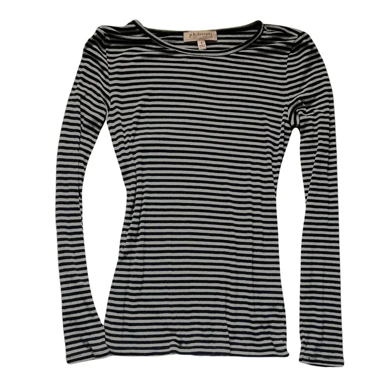 Black & Gray Striped Women\'s Slim Top T-Shirt Long Sleeve Crew Neck Striped Autumn Slim Fit Women\'s Top  Casual Daily