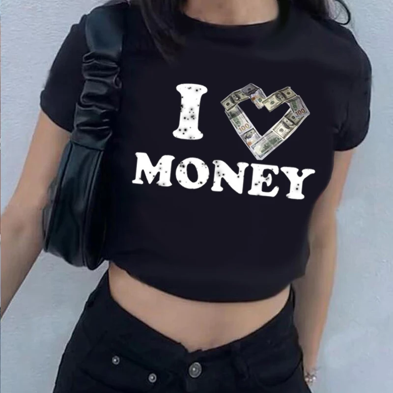 I LOVE MONEY Letter Reflective Print Baby T-Shirt 2000s Retro 2000s Street wear Women's T-Shirt Sexy T-Shirt Emo Girls Crop Top