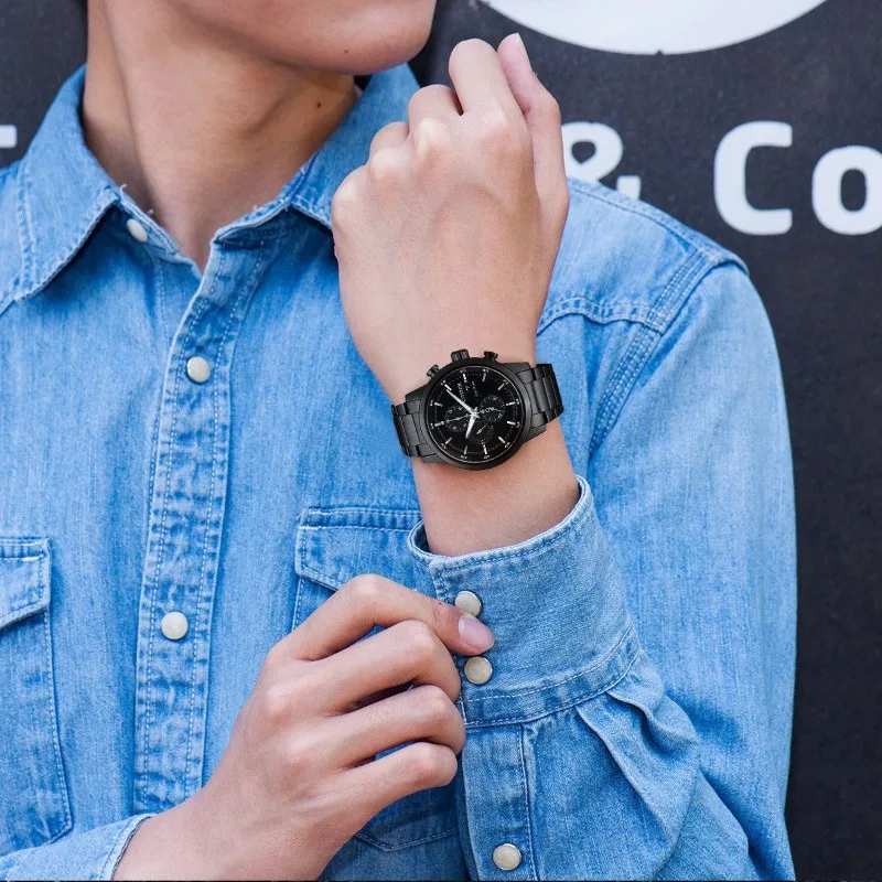 Citizen CA0615‑59E Eco‑Drive Chronograph Watch Black IP Stainless Steel 43MM Case Date & 24H Display Luminous 10Bar Waterproof