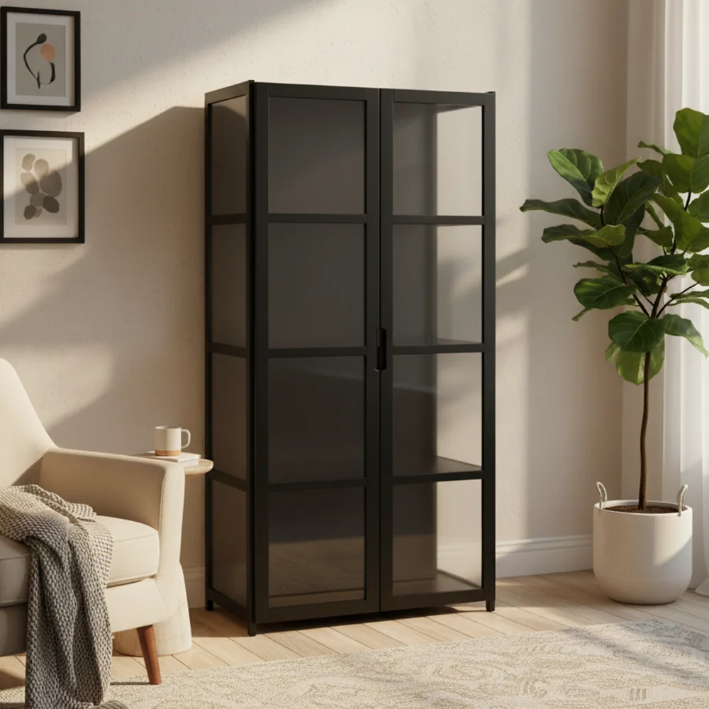 Vitrine haute noire à 4 niveaux avec portes doubles en verre dépoli, 62 cm de long, étagère de rangement transparente sur 3 côtés, vitrine pour jouets, figurines et objets de collection, pour la décoration du salon ou du bureau