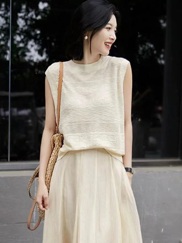 여성 패션 민소매 티, ONECK풀오버, 닳은 울 탑, 할로우 아웃 티셔츠, 심플하고 우아하고 부드럽고 시원한 편안함, 여름 