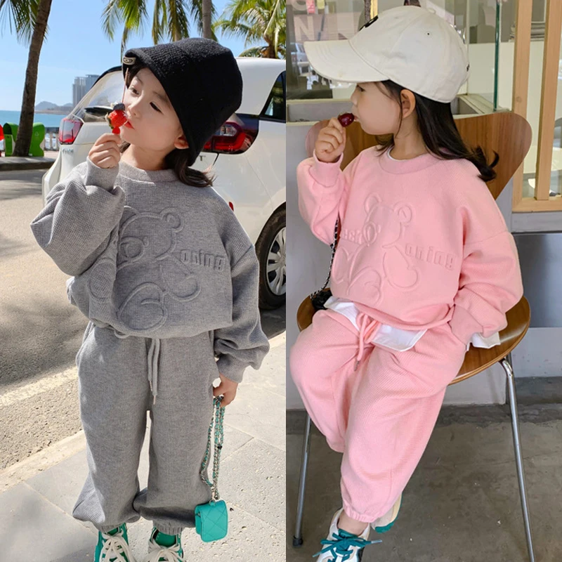 2-8 anni primavera autunno ragazze abbigliamento Set Cartoon Bear felpe con cappuccio a maniche lunghe + pantaloni 2 pezzi vestito per bambini