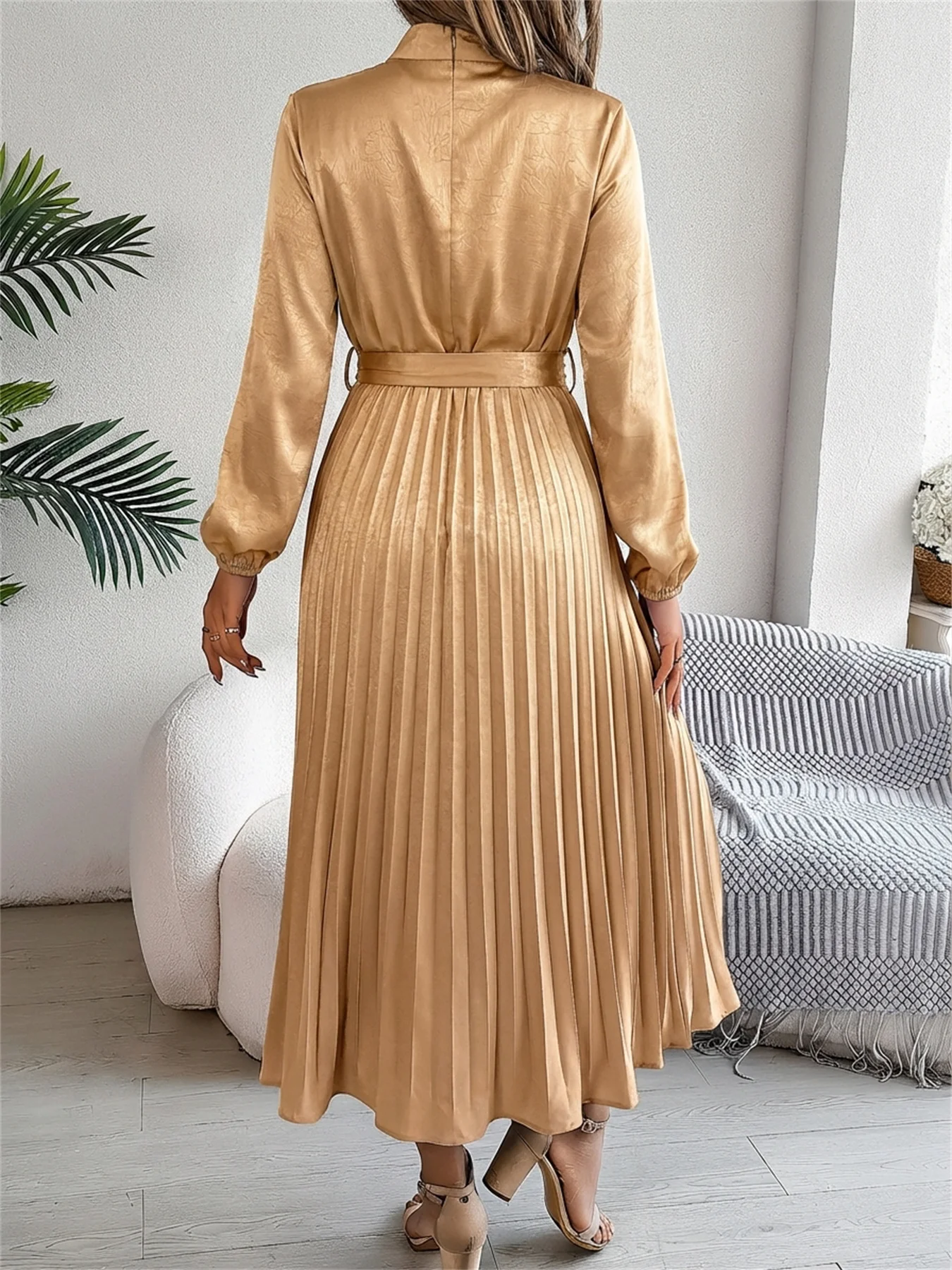 Women Spring Autumn Elegant Stand Collar Zipper Lace Up Cinched Waist Long Sleeve Pleated Midi Solid Color Dress
