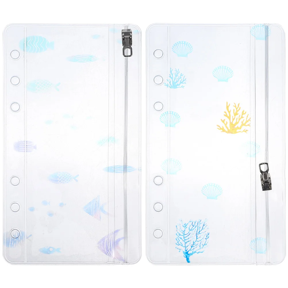 

2 Pcs Ocean Series A6 PVC Zipper Pockets Binder Storage Pouch Scrapbooking Bag 6 Hole Design Notebook Accessories