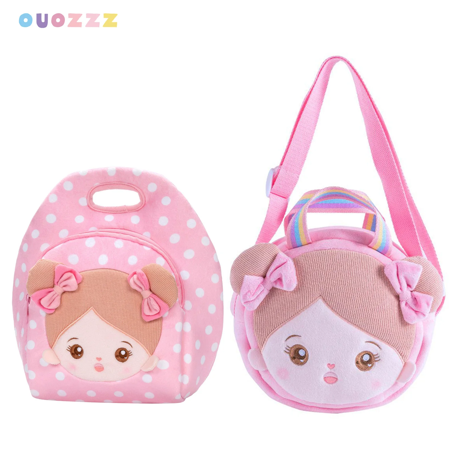 OUOZZZ Plush Lunch Bag Doll Crossbody Bag for Children Girls Kawaii Soft Plush Sling Bags for School Outdoor Traveling, Pink