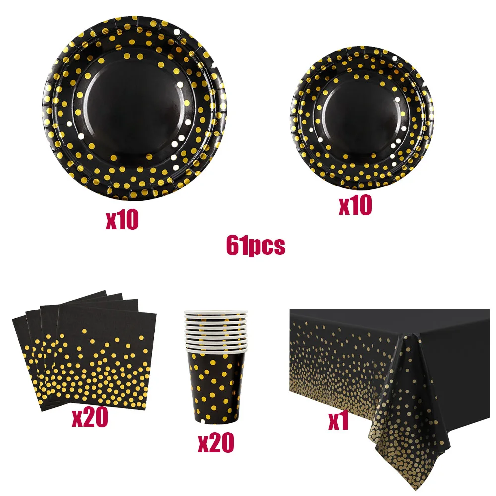 Schwarz-Gold-Thema Geburtstagsparty-Dekorationen Heißprägung Polka-Dot Einwegteller Becher Servietten Erwachsenen-Hochzeitsparty-Zubehör – Detail 2