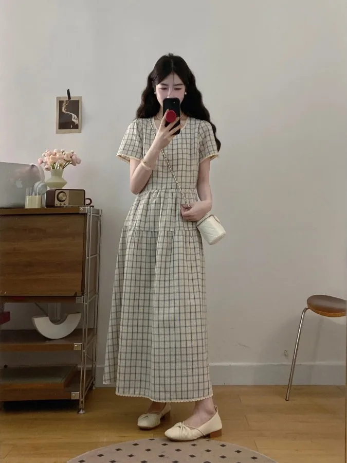 

plus Size Fashionable Plaid Short Sleeve Dress Women Summer Slimming Waist High Waist Knee-Length A-Line Long Dress