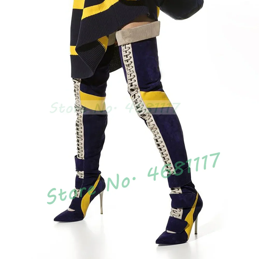 Multicolor Suede Thigh High Boots Women Trendy Front Cross Tied Winter Heels Belt Boots Point Toe Patchwork Catwalk Long Shoes