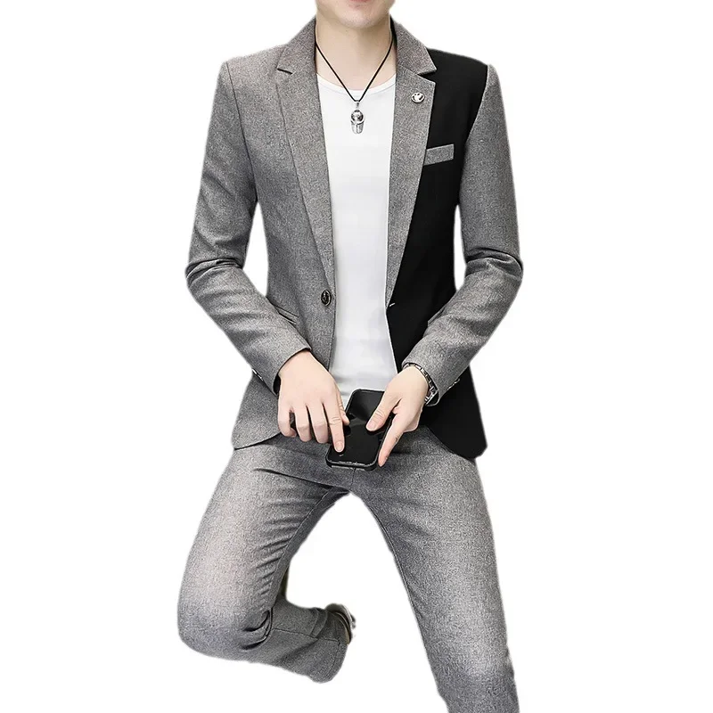 2024 Men\'s Dual-Color Patchwork Casual Suit Youth Autumn Slim Handsome Suit Two-Piece Suit