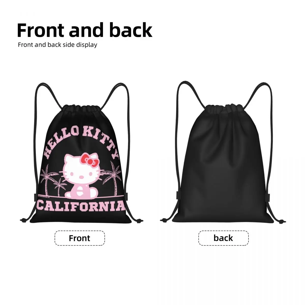 Custom Hello Kitty California Palm Trees Drawstring Backpack Women Men Sport Gym Sackpack Portable Training Bag Sack