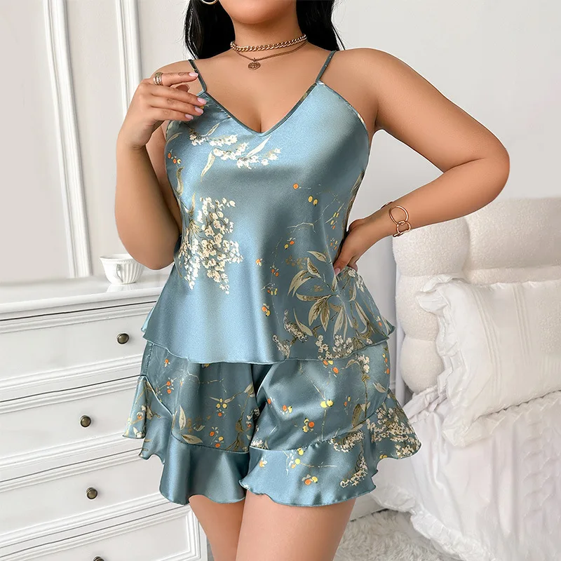 Fashionable Casual Ice Silk Pajamas, European-style Large-sized Printed Pajamas, Home Wear, Silk-like Halter Home Wear for Women