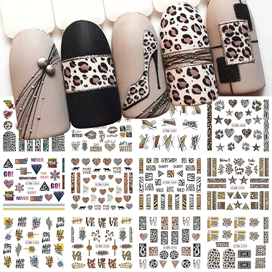 12 stuks sexy luipaardprint nagel water sticker charme wild dier patroon geometrie nieuwjaar manicure accessoires tattoo sliders LYBN
