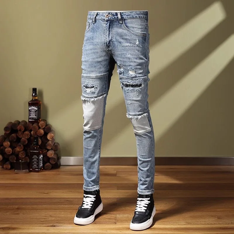 

2024 Spring and Autumn New Fashion Blue Ripped Small Feet Men's Casual Slim Comfortable Breathable High Quality Stretch Jeans