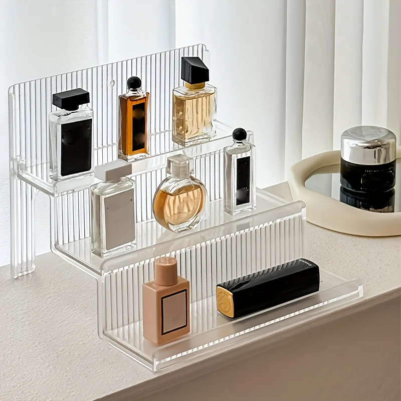 A multi-layer perfume storage rack -transparent layered organizer, suitable for vanity, bathroom, desk - space-saving cosmetics display rack - no assembly needed - simple design, durable plastic, home organization ite