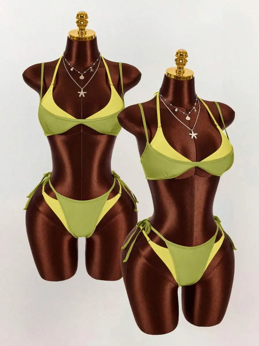Conjunto de traje de baño de dos piezas para mujer, traje de baño de bikini para vacaciones en la playa, color verde y amarillo en contraste