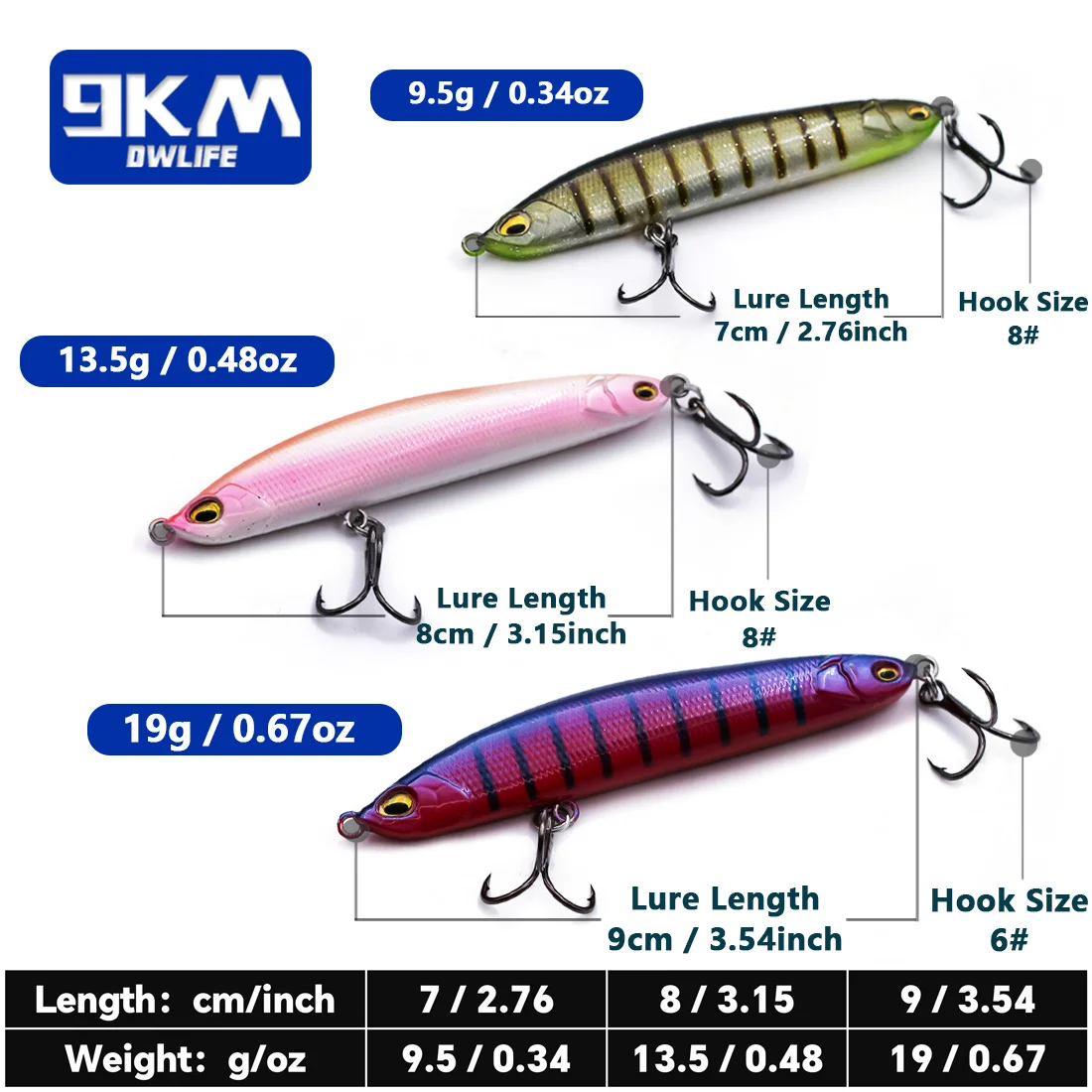 Sinking Pencil Lures 9.5~19g Saltwater Fishing Lures Hard Fishing Bait with Treble Hooks Salmon Redfish Trout Bass Walleye