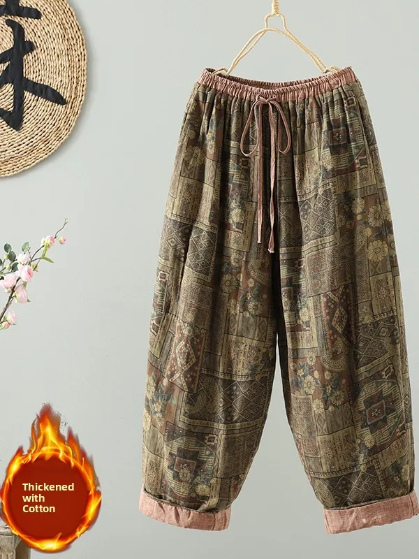 Pantalon rétro en coton et lin, jambes larges, imprimé, taille élastique, Vintage, taille haute, Long, pour automne et hiver