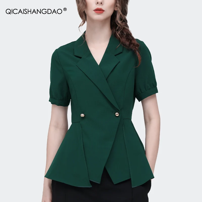 Elegant Suit Collar Women' Short Sleeve Solid Color Satin Shirt Slim Office Ladies Spring Summer Formal Working Tops Blouses