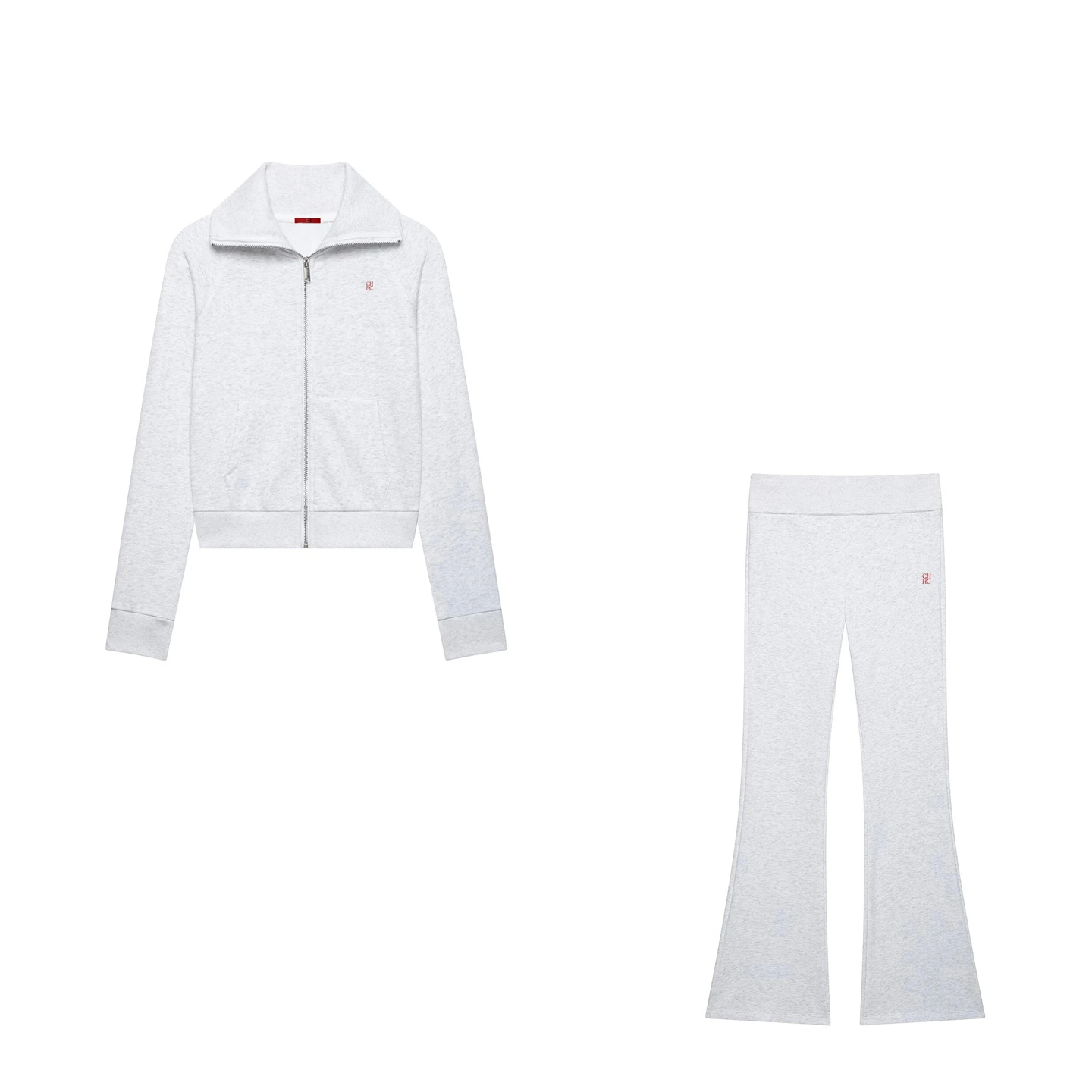 CH High Collar Zip Up Knit Matching Set Cropped Jacket Flared Pants Minimal Chest Embroidery Slim Women Leisure Outfit image 3