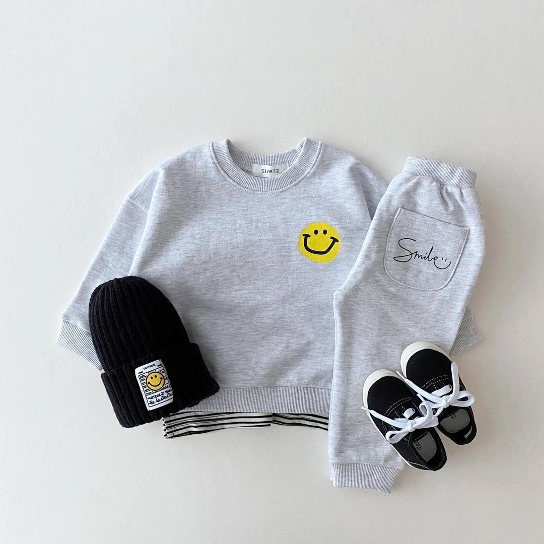 Korea Baby Boy Clothes Set Toddler Kids Clothes Cute Smiley Print Mock 2pcs Sweatshirt + Jogger Pant Baby Girl Tracksuit Outfits