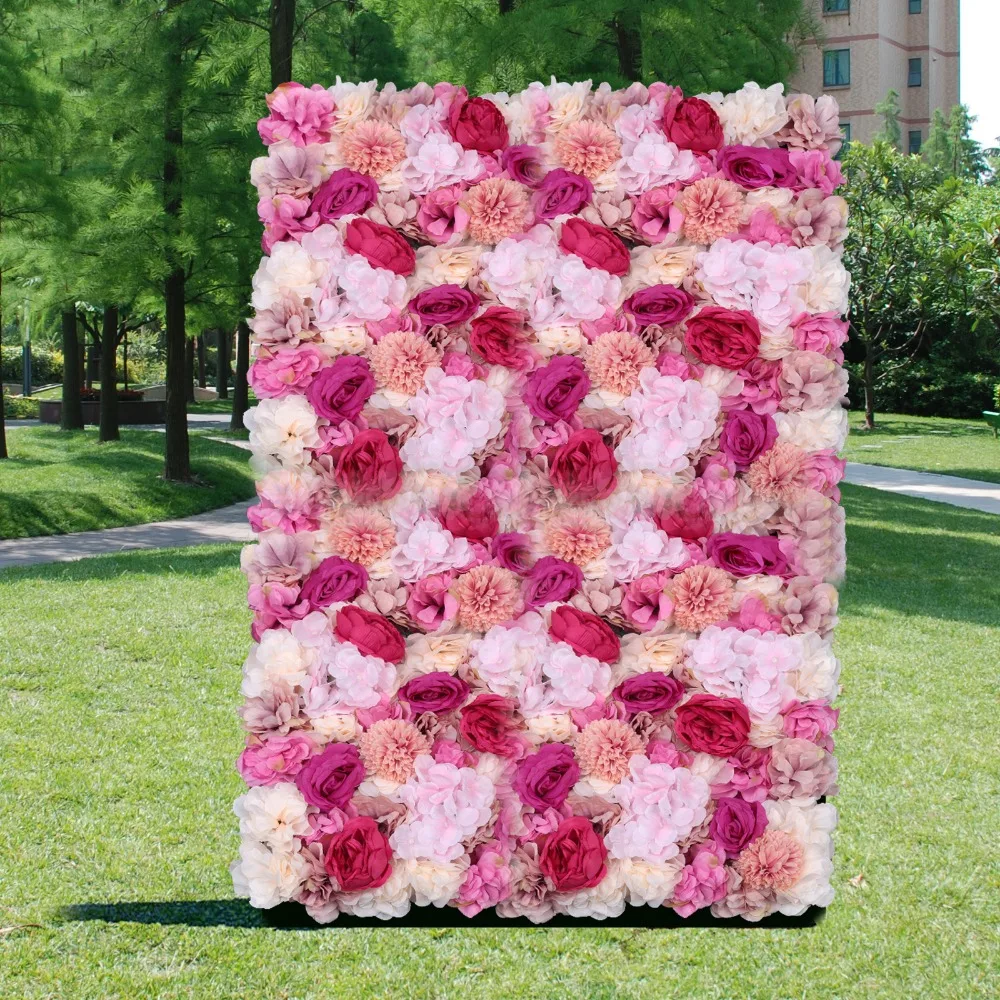 

6 Pcs Flower Wall Panels Floral Backdrop Fuchsia Artificial Silk Rose Wall Decor for Wedding Party Home Nursery