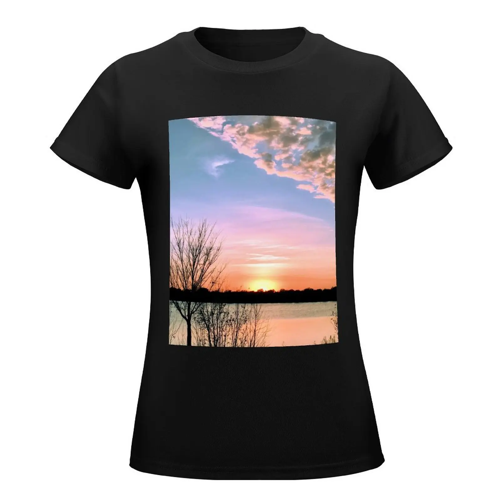 Clearing Cloud Front at Sunset Over Lake T-Shirt summer tops graphics Short sleeve tee western t shirts for Women