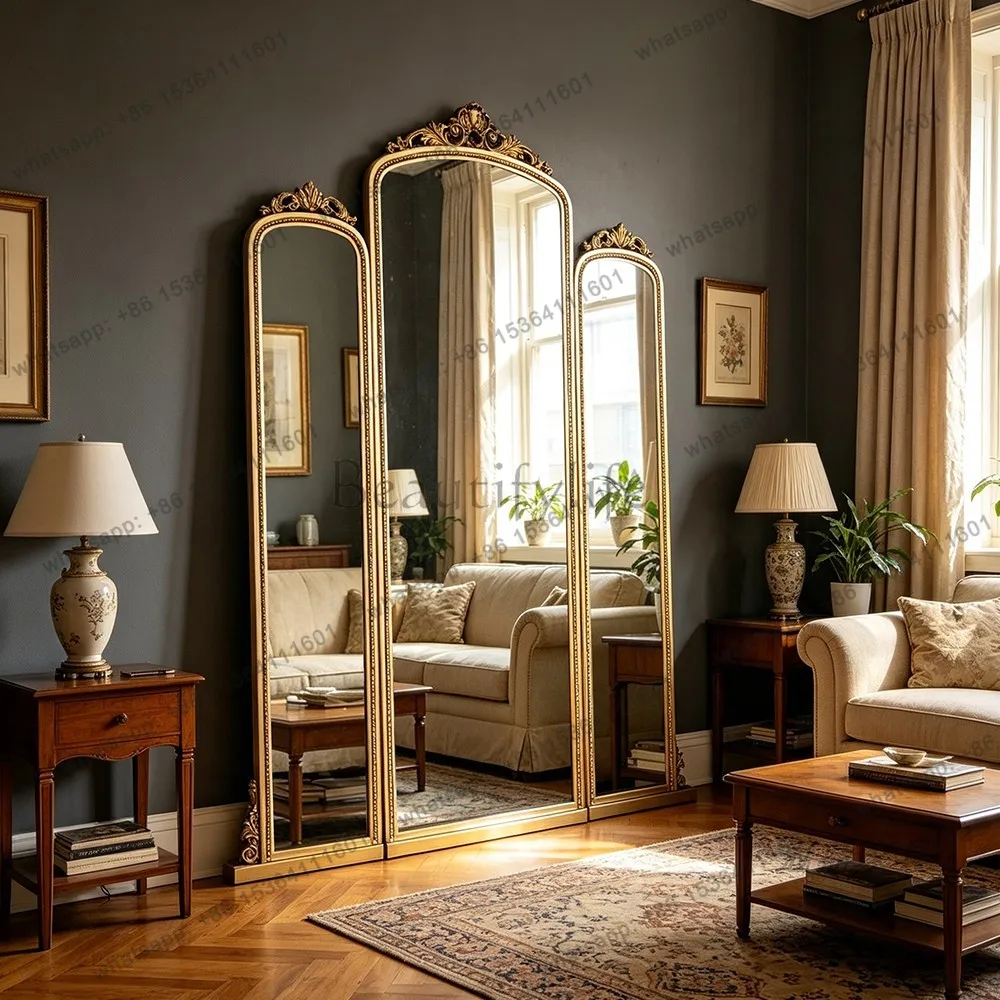 YJ French Retro Carved Tri‑Fold Mirror Large Full‑Length Unit For Clothing Store Home Wall Leaning Decor