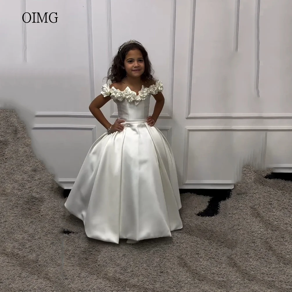 

OIMG Princess 3D Flowers Ivory A Line Flower Girl Dresses Off The Shoulder Wedding Party Dress Long Birthday Dress Customized