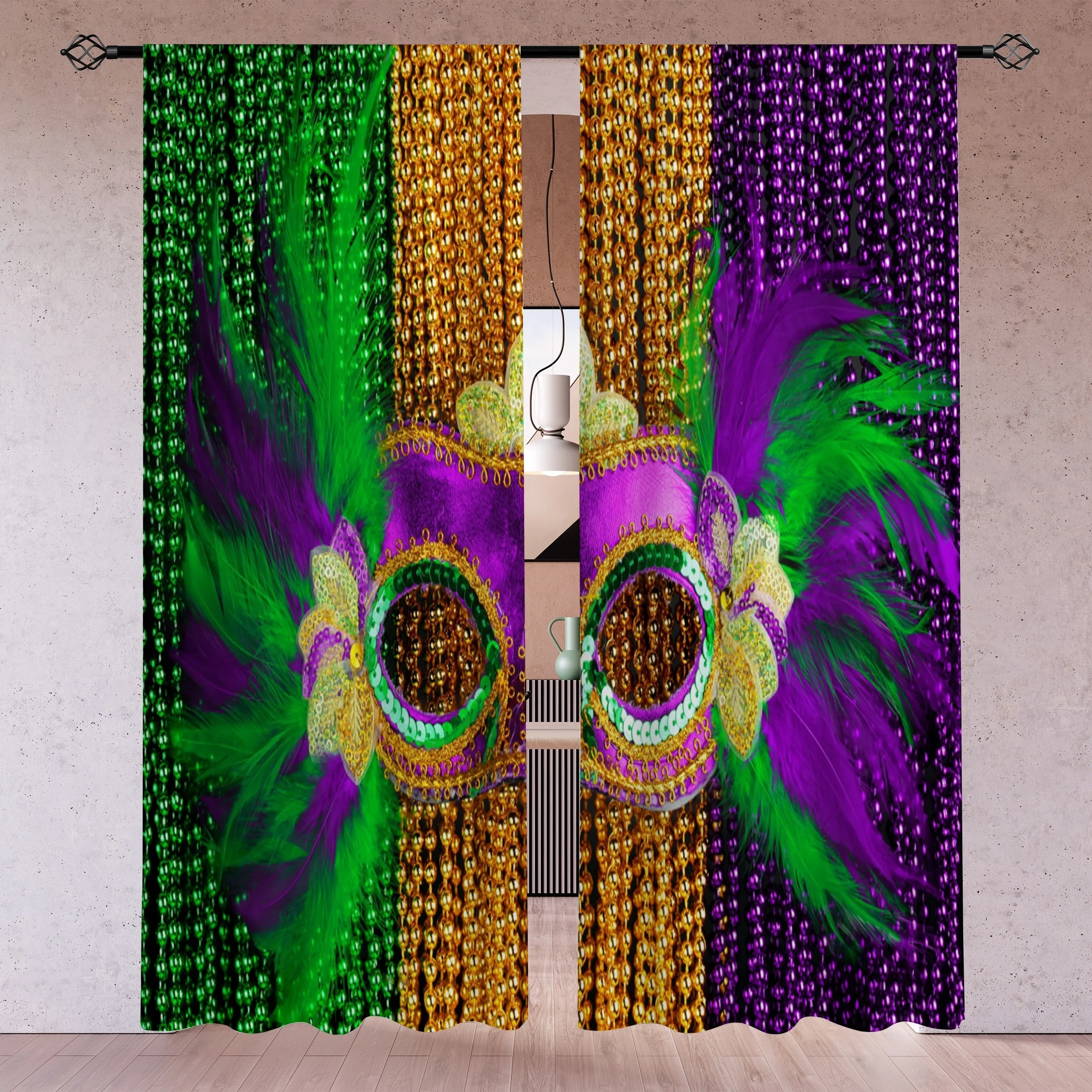 2pcs Mardi Gras Curtains Feather Mask Bead Carnival Print Drape Party Room Festival Window Treatment Colorful Celebration Decor