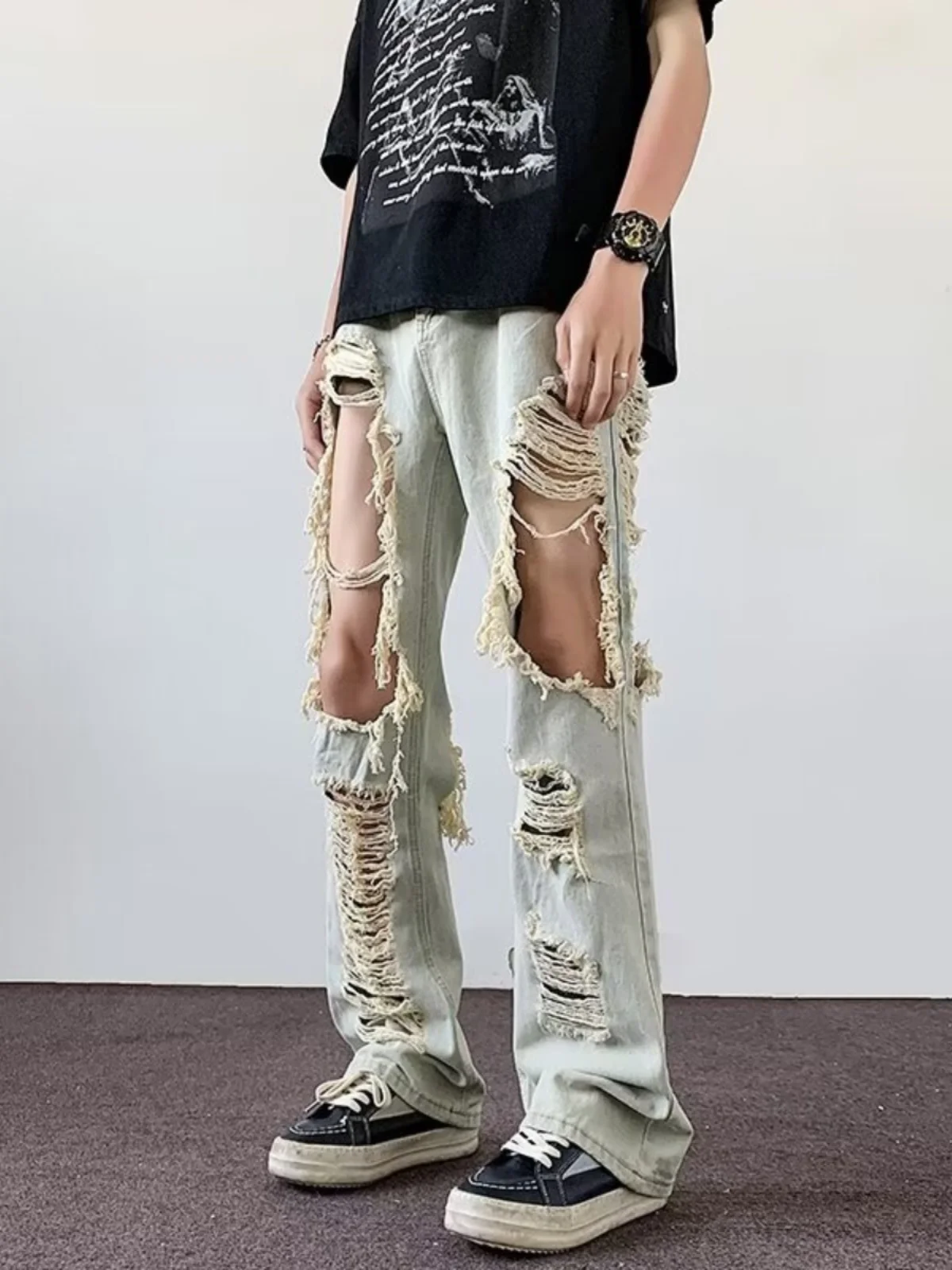 

Мужские летние джинсы с бахромой и прорезями, в стиле американского Вест-Коста, с эффектом потертости, микро-клеш, повседневные, в стиле Poor Boy