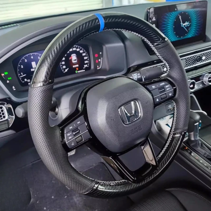 

Для Honda Civic 11 XI 2021-2022 Accord 2023, прошитый вручную нескользящий черный чехол на руль из натуральной кожи из углеродного волокна
